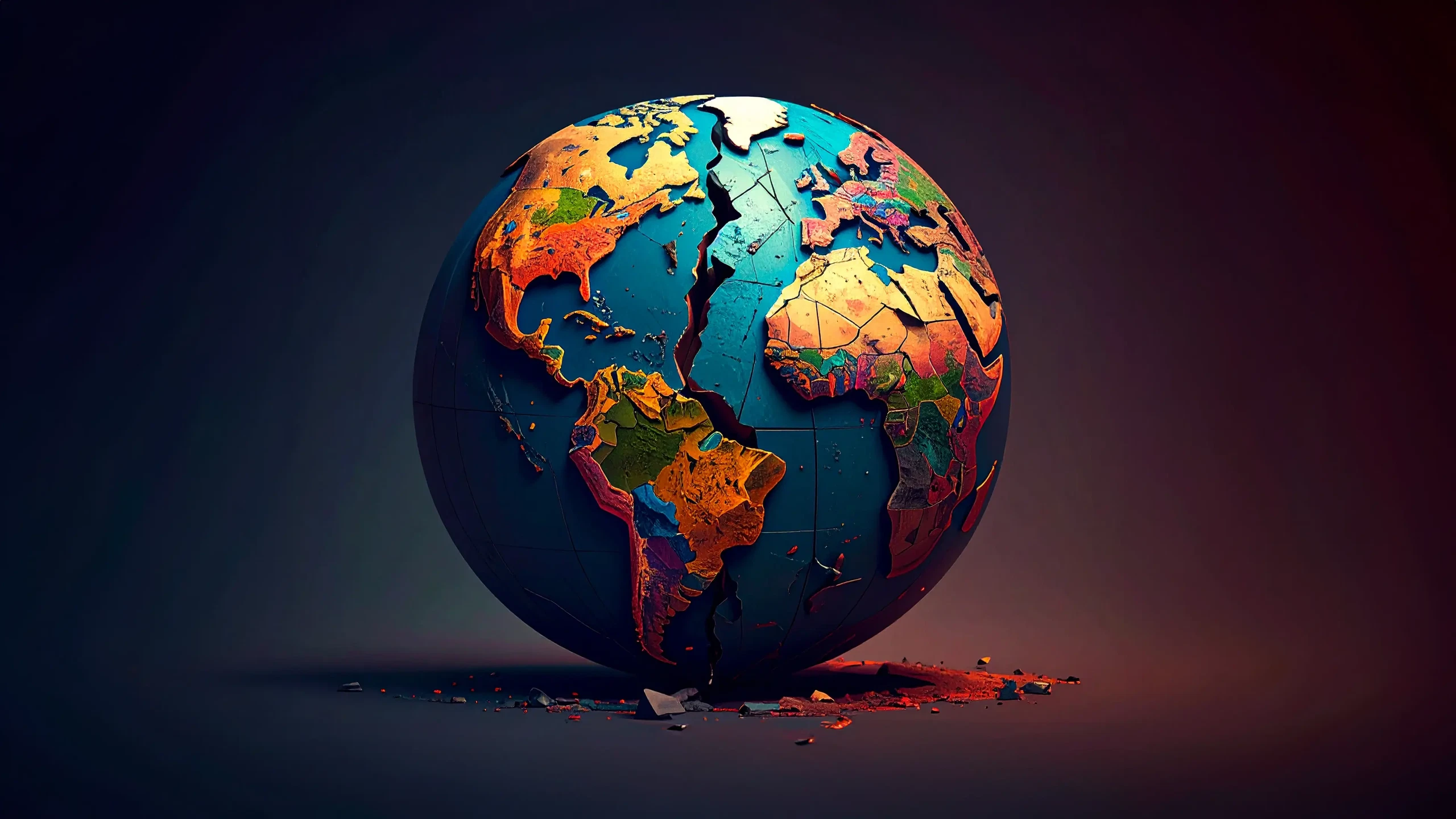  A colorful, three-dimensional globe shattered at the base, displaying continents in vibrant hues of blue, orange, yellow, and green against a dark background. 
