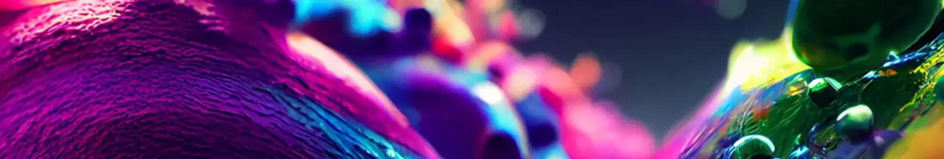 A vibrant, abstract digital artwork featuring colorful, textured shapes resembling bubbles and fluid surfaces, illuminated by neon hues.