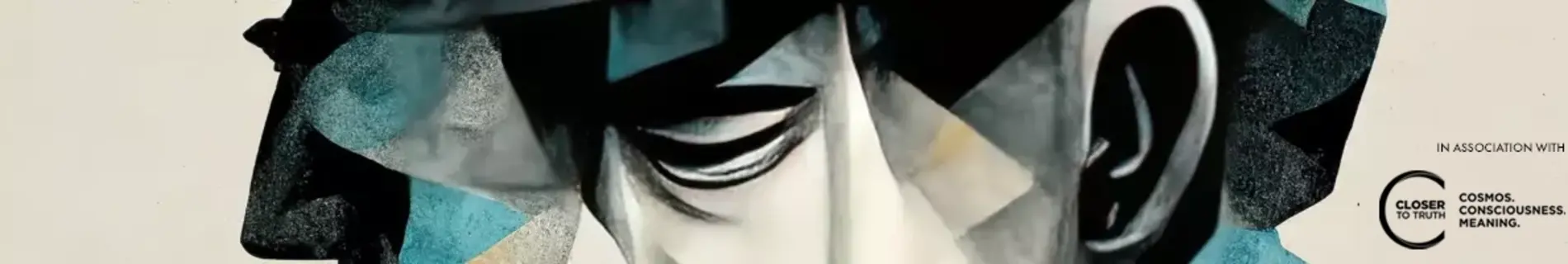 An abstract artwork featuring a close-up of a face with geometric shapes and muted colors, conveying themes of consciousness and meaning.