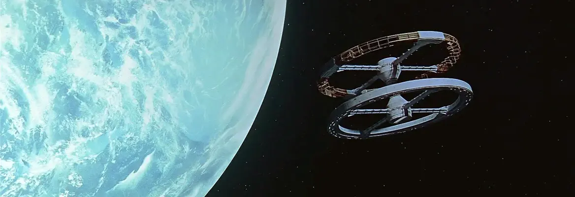 Space Station Five circles Earth in Stanley Kubrick's 2001: A Space Odyssey (Metro-Goldwyn-Mayer, 1968).