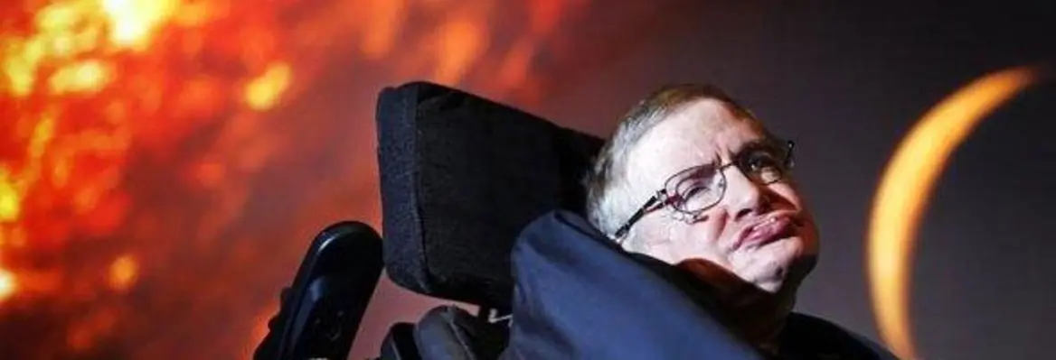 Stephen Hawking, renowned theoretical physicist, sits in his wheelchair against a backdrop depicting a cosmic scene with a bright sun and celestial visuals.