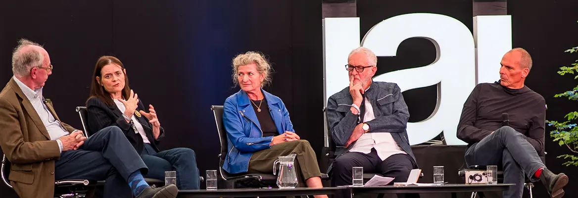 Malcolm Rifkind, Bronwen Maddox, Jeremy Corbyn and Yanis Varoufakis debate the rules of war at HowTheLightGetsIn Hay 2025