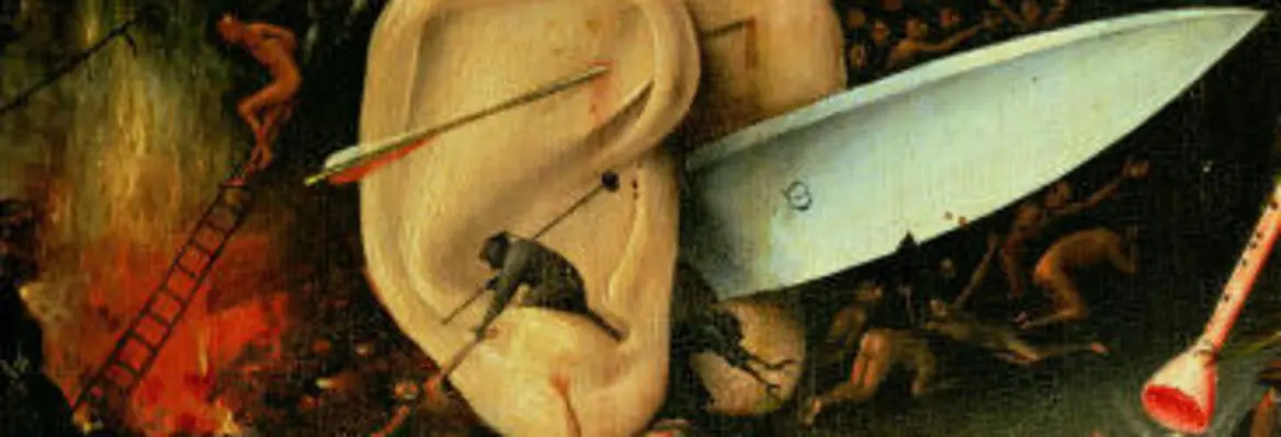Surreal depiction featuring oversized ears with a sword piercing one, surrounded by chaotic scenes of hell, reflecting themes of judgment and punishment.
