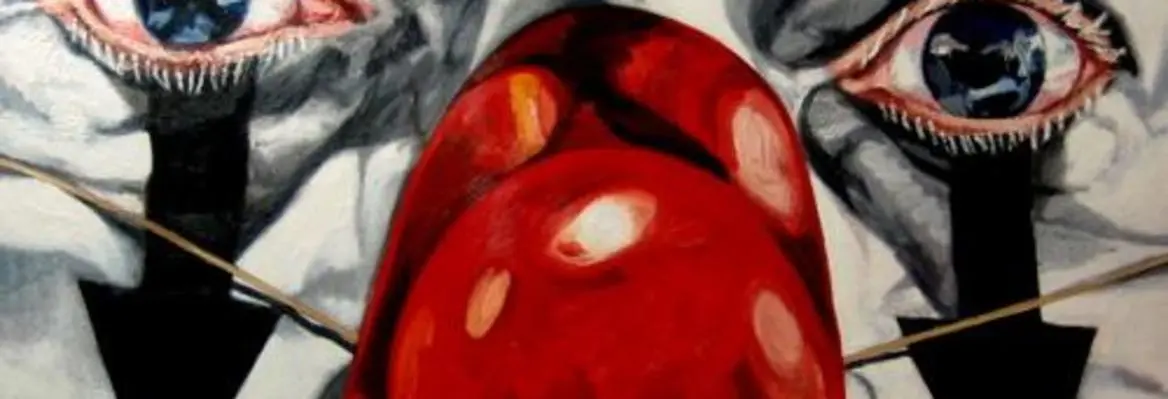 A close-up of a clown's face featuring red nose, dramatically painted features, and intense, expressive eyes. The artwork emphasizes emotional depth and contrast.