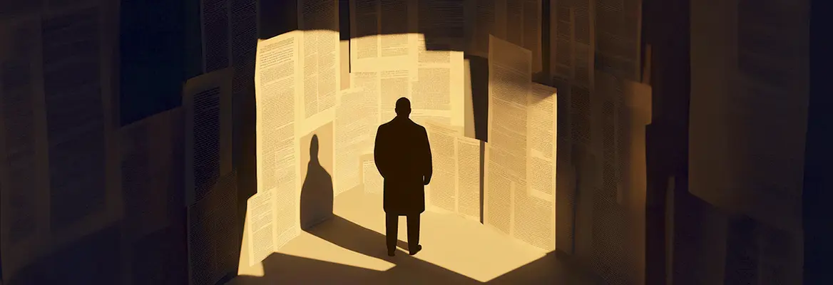 A lone silhouette stands before a stack of posters with overlapping text; the scene feels quiet and contemplative.