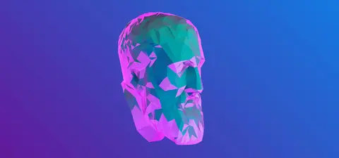 A stylized, geometric representation of a human head in vibrant colors, set against a gradient blue and purple background.