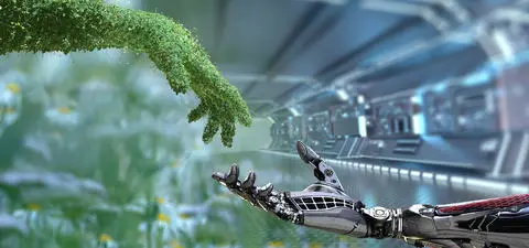 A human-like robotic hand reaches toward a lush green hand made of foliage, symbolizing the intersection of nature and technology.