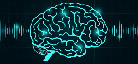 A stylized illustration of a glowing blue brain with intricate details, set against a grid background featuring soundwave patterns.
