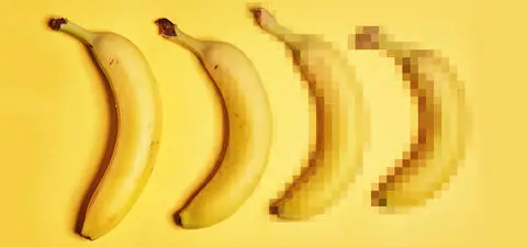 Four bananas arranged in a row, with the first three clearly visible and the last one pixelated. The background is a solid yellow color.