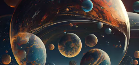 A cosmic scene featuring a variety of colorful planets and celestial bodies, set against a dark background with swirling patterns reminiscent of space and the universe.