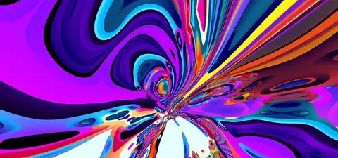 A vibrant, swirling abstract design featuring bright colors like purple, blue, orange, and yellow, creating a dynamic, psychedelic visual effect.
