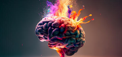 A vibrant, colorful depiction of a brain emitting flames and splashes of color, symbolizing creativity and intense thought processes.