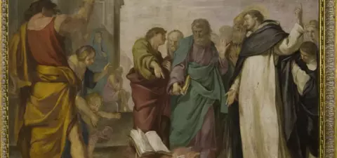 A historical scene depicting figures gathered around a pile of burning books, showcasing themes of knowledge and conflict, likely involving philosophical or religious debates.
