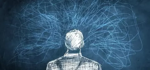 A person stands before a dark background, with chaotic blue lines swirling above their head, symbolizing confusion or overwhelming thoughts.
