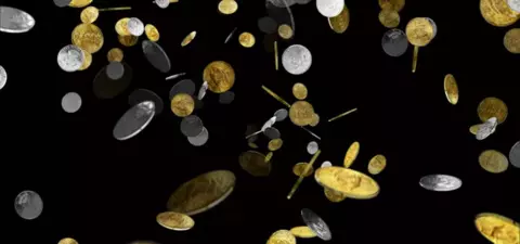 A dynamic scene of various coins, including gold and silver, cascading and floating against a black background, creating a sense of movement and wealth.