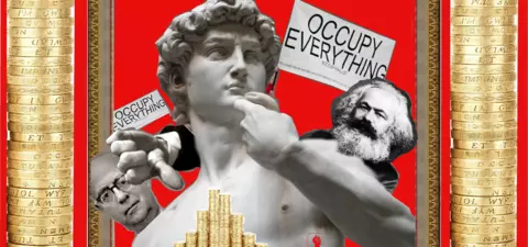 A collage featuring Michelangelo's statue of David, Karl Marx, and promotional materials for the 