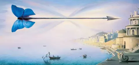 A surreal landscape featuring a large blue butterfly combined with an arrow, set against a serene waterfront with boats and architectural structures in the background.