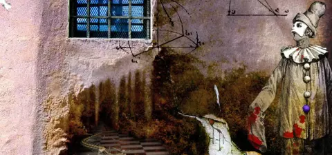 A surreal, eerie room features a clown-like figure in a tattered costume, a crocodile, and geometric lines, with a barred window allowing blue light to enter.