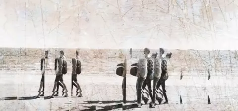 A group of people walking along a beach, carrying luggage and surfboards, with an artistic, textured overlay creating a dreamy, serene atmosphere.