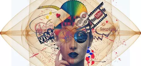 A creative digital artwork featuring a woman's face with colorful graphics symbolizing creativity, success, and social media, including elements like gears, film reels, and a YouTube logo.
