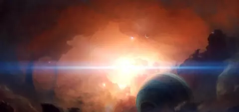 A vast cosmic scene featuring a colorful nebula, glowing stars, and a large planet partially obscured by clouds, creating a sense of depth and wonder in the universe.