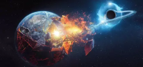 A dramatic illustration of Earth being destroyed by a black hole, with fiery explosions and fragmented land amidst a star-filled space backdrop.