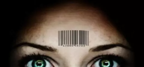 A close-up of a woman's face with striking green eyes, featuring a barcode superimposed on her forehead against a dark background.