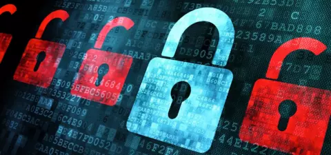Digital background featuring red and blue padlock icons overlaid on a pattern of binary code, symbolizing cybersecurity and data protection.