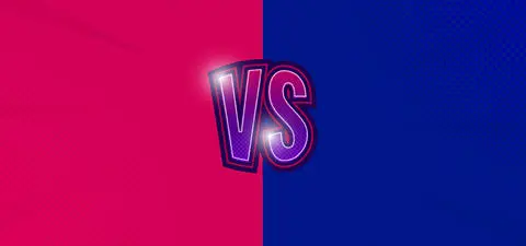 A vibrant split background with bright pink on one side and bold blue on the other, featuring a prominent 