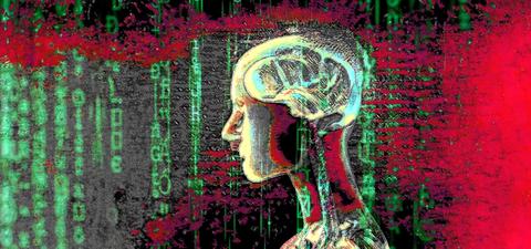 A surreal digital artwork depicting a human-like figure's profile with a transparent brain, overlaid with binary code and vibrant colors.