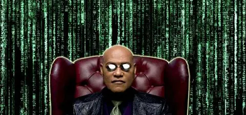 A man in sunglasses sits confidently in a red leather chair, surrounded by a backdrop of cascading green digital code reminiscent of 