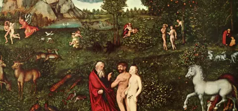 A lush, detailed landscape featuring Adam and Eve with God, surrounded by various animals, mythical creatures, and angelic figures, inspired by the Garden of Eden.