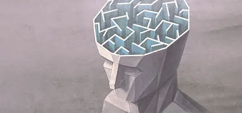 A stylized, geometric human head with a maze inside, symbolizing complex thoughts and problem-solving.