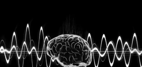 A stylized illustration of a brain surrounded by flowing white waveforms on a black background, symbolizing neural activity or brainwaves.