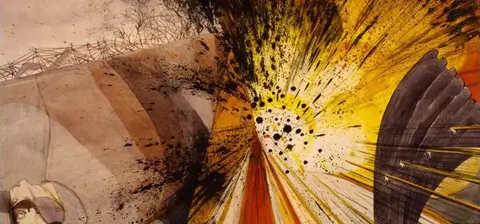 A vibrant abstract artwork featuring explosive colors and dynamic shapes, with swirling patterns of yellows, blacks, and reds creating a sense of movement and energy.