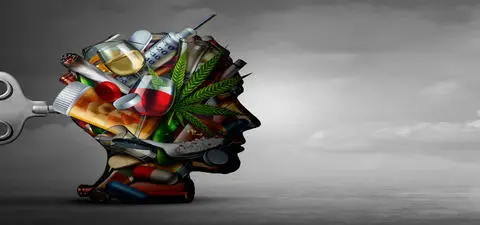 A silhouette of a human head filled with various pills, syringes, and cannabis leaves, symbolizing health and addiction themes against a cloudy background.