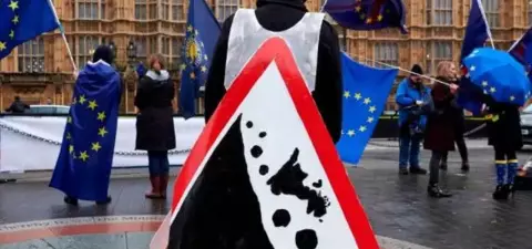 A protester wearing a hazard sign costume stands in front of the Houses of Parliament, surrounded by demonstrators holding European Union flags.