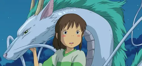 A young girl with short brown hair in a green and white striped shirt stands next to a large, ethereal dragon against a night sky.
