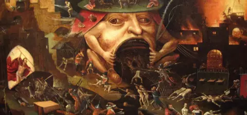 A detailed depiction of a surreal, chaotic scene illustrating hell and punishment, featuring grotesque figures, suffering souls, and dark, imaginative landscapes.