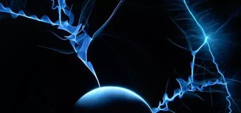A mesmerizing display of electric blue plasma arcs radiating from a central dark sphere, resembling a striking visual representation of energy and light.