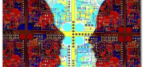 Abstract representation of two human profiles facing each other, overlaid on a colorful circuit board pattern, symbolizing technology and communication.