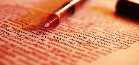 A close-up of a page from a book with highlighted text and a red pen resting on it, emphasizing edited or important sections.