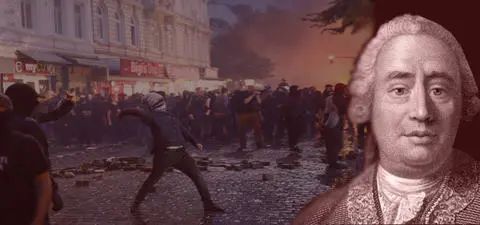 A historical portrait of David Hume juxtaposed with a scene of protest and civil unrest, featuring demonstrators amid smoke and debris.