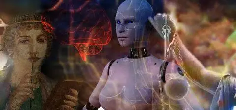A collage featuring historical figures, including a classical philosopher, a robot, and a personification of Justice, symbolizing the intersection of humanity, technology, and morality.