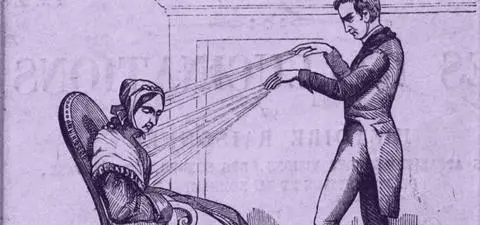 An illustration of a man performing hypnosis on a woman seated in a chair, with visible energy lines suggestive of mental focus or control.