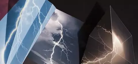 A collection of folded paper displaying vivid images of lightning striking across dark stormy skies, emphasizing the dynamic power of nature.