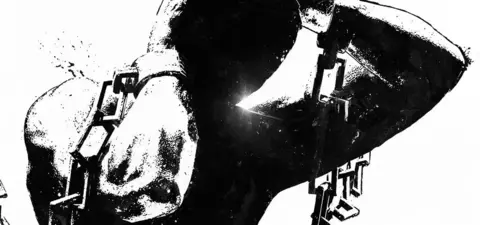 A powerful monochromatic illustration of a figure with chains, symbolizing struggle and oppression, emphasizing themes of freedom and liberation.