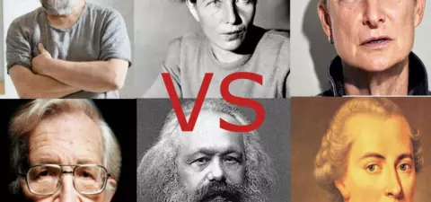 A split image featuring philosophers and intellectuals: Slavoj Žižek, Simone de Beauvoir, Judith Butler, Noam Chomsky, Karl Marx, and Immanuel Kant, with 
