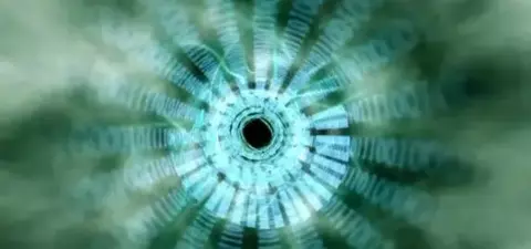 A swirling vortex of binary code represented in shades of green and blue, creating a digital tunnel effect.