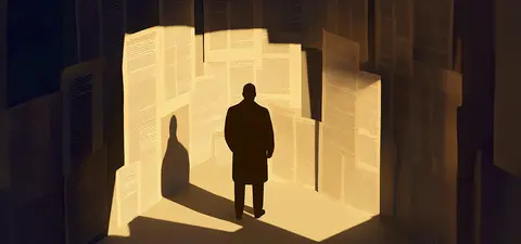 A lone silhouette stands before a stack of posters with overlapping text; the scene feels quiet and contemplative.